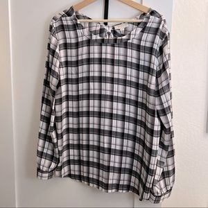 LOFT Outlet Plaid Blouse, Dark Gray/Purple, Sz L